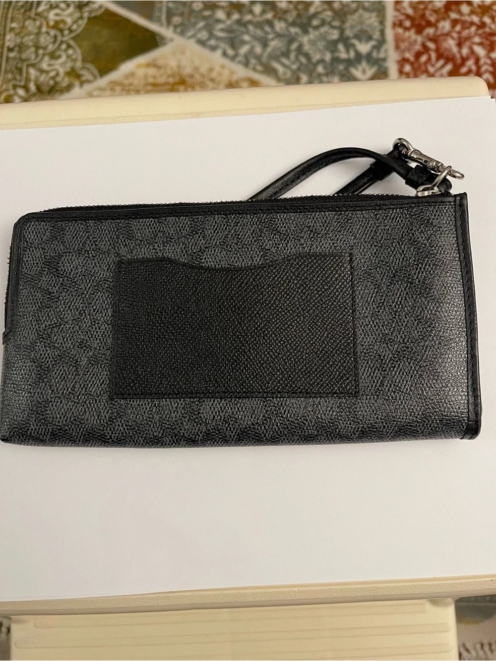 Coach Black Signature Zip Wristlet with Silver Plaque